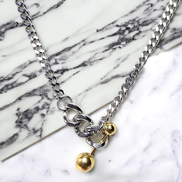 🆕️ Two Tone 18K Gold Plated Link Chain Gold Ball Bar Necklace - Picture 6 of 6